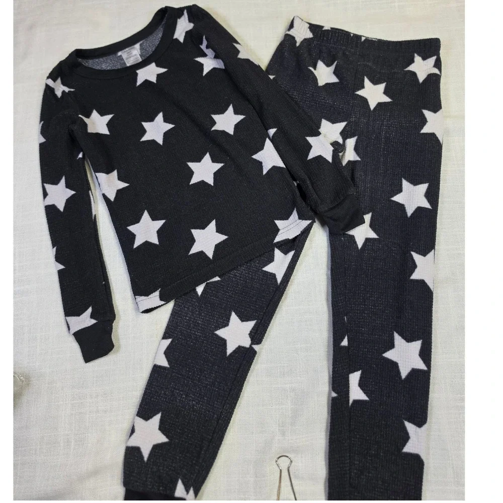 Calvin Klein Kids Pajama Set Size 6 Black White Star Waffle Knit 2pc Sleepwear